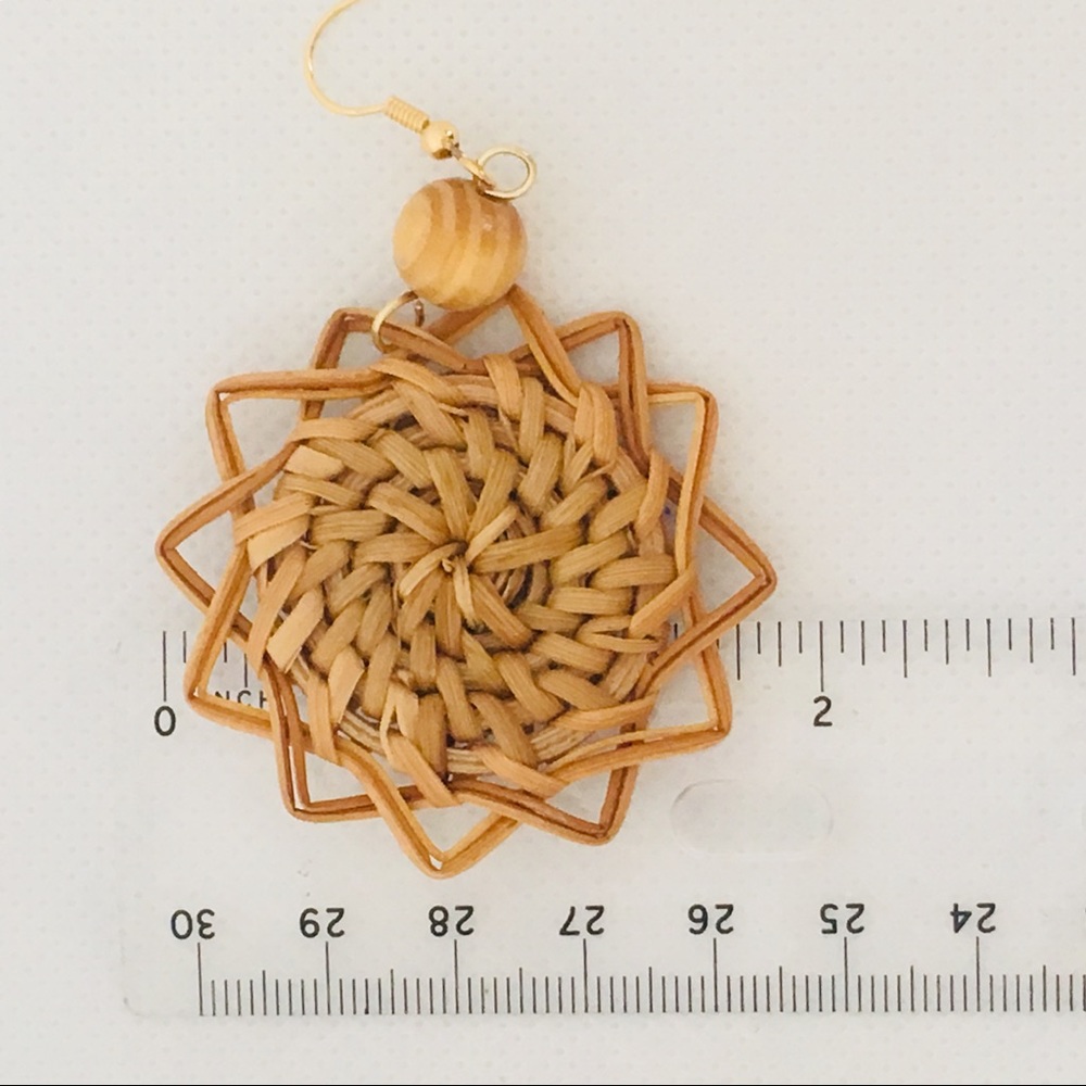 Wicker Rattan Wood Bead Geometric Drop Earrings - Picture 7 of 7